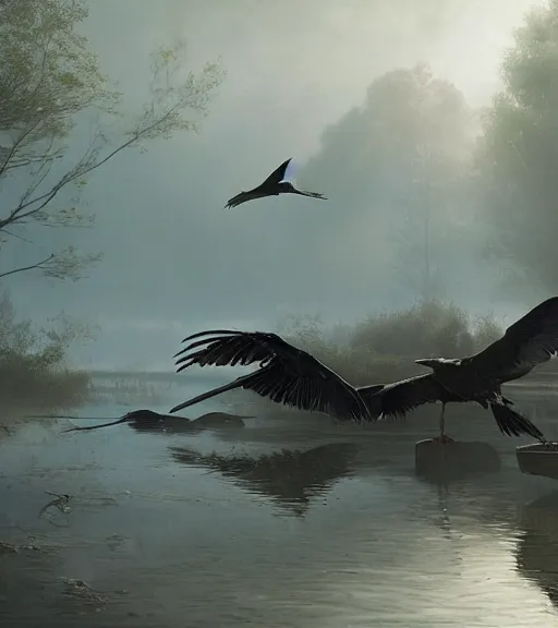 Image similar to three long beak crows in a little boat in a swamp, long legs, volumetric lighting, majestic light, octane render, ethereal glare of the sun, hyperrealistic, epic, masterpiece, by greg rutkowski