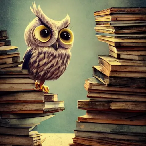 Image similar to long shot of a very cute plushy tired owl sitting on a pile of antique books, by esao andrews, by james jean, humorous illustration, hyperrealistic, big depth of field, fresh colors, dim light, 3 d octane render conceptart, 4 k, hyperdetailed, trending on artstation