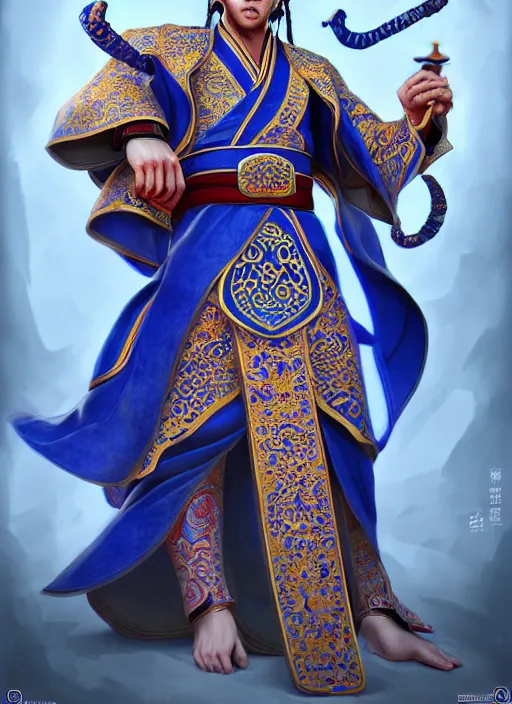 Prompt: male mongolian martial artist!!!! blue eyes!! intricate ornate blue robes!! character concept art, sharp focus, octane render! unreal engine 5! highly rendered!! trending on artstation!! detailed linework!! illustration by artgerm, wlop, and chie yoshii