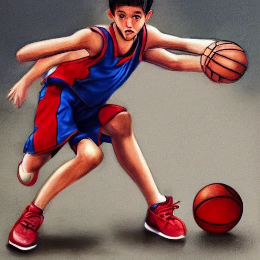 Prompt: Colored pencil portrait of a boy at a basketball court playing basketball wearing a basketball uniform in a basketball court, intense emotion, detailed facial expression, detailed surroundings, intricate, elegant, highly detailed, centered, trending of artstation, concept art, smooth, sharp focus, illustration