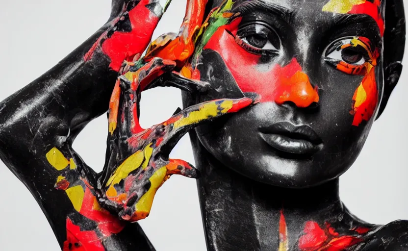 Image similar to close up portrait of extremely beautiful female black marble statue in the style of virgil abloh, colorful motocross logos behind her, sharp focus, clear, detailed,, cinematic, detailed, off white, glamourous, symmetrical, vogue, editorial, fashion, magazine shoot, glossy