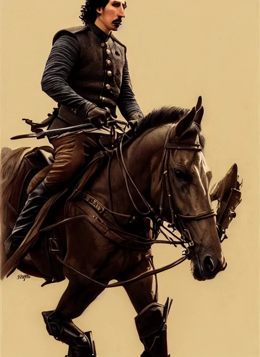 Image similar to painting of adam driver riding on horses with john oliver, stoic, full body, military uniform, fantasy, intricate, elegant, beautiful, highly detailed, charcoal, centered, dark, smokey, digital painting, artstation, concept art, smooth, sharp focus, illustration, art by artgerm and greg rutkowski and alphonse mucha