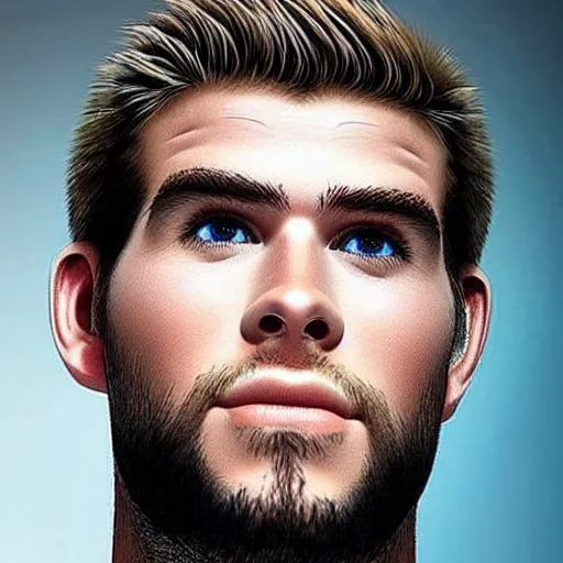 Image similar to “a realistic detailed photo of a guy who is an attractive humanoid who is half robot and half humanoid, who is a male android, Liam Hemsworth, shiny skin, posing like a statue, blank stare”