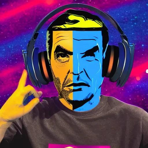 Image similar to svg sticker of a Pop-Wonder Captain-Spock-Star-Trek at a rave, spinning records, giant headphones rocking out, wearing headphones, huge speakers, dancing, rave, DJ, spinning records, digital art, amazing composition, rule-of-thirds, award-winning, trending on artstation, featured on deviantart