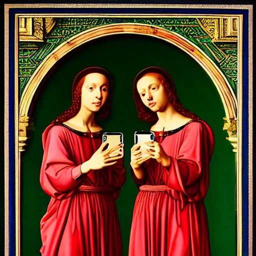 Prompt: gemini twins taking a selfie in greek ancient society hyperrealism, 8 k cinematic in jan van eyck screen print style