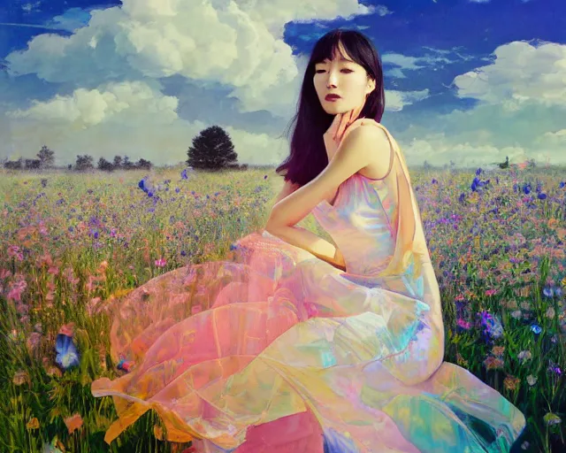 Image similar to lee jin - eun in elegant chic holographic dress emerging from gold gold by martine johanna, michael garmash and katsuhiro otomo, rule of thirds, seductive look, beautiful, cotton candy clouds, puyallup berteronian, himalayan poppy flowers, sea holly flowers, gorgeous