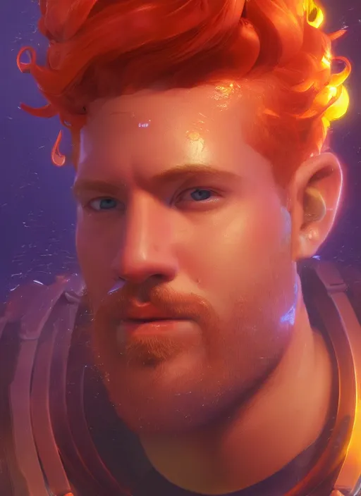 Prompt: glowwave portrait of curly orange hair man from overwatch, au naturel, hyper detailed, digital art, trending in artstation, cinematic lighting, studio quality, smooth render, unreal engine 5 rendered, octane rendered, art style by klimt and nixeu and ian sprigger and wlop and krenz cushart.