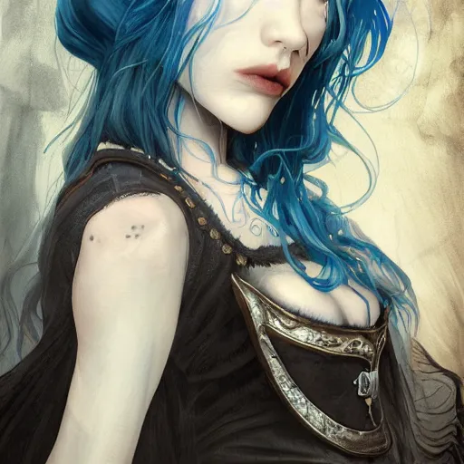 Image similar to portrait of a ranni the witch from elden ring, blue hair, baroque style, elegant, beautiful, mesmerizing, concept art, highly detailed, artstation, behance, deviantart, inspired by innocent manga, inspired by castlevania concept art, trending, ayami kojima, shinichi sakamoto