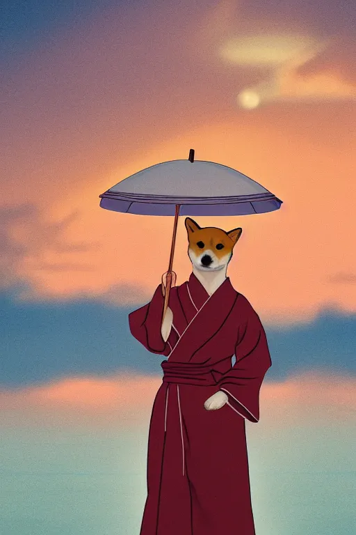 Prompt: shiba inu wearing yukata holding umbrella in the sunset, male, fursona, anthro, traditional japanese clothing, delicate, historical photograph