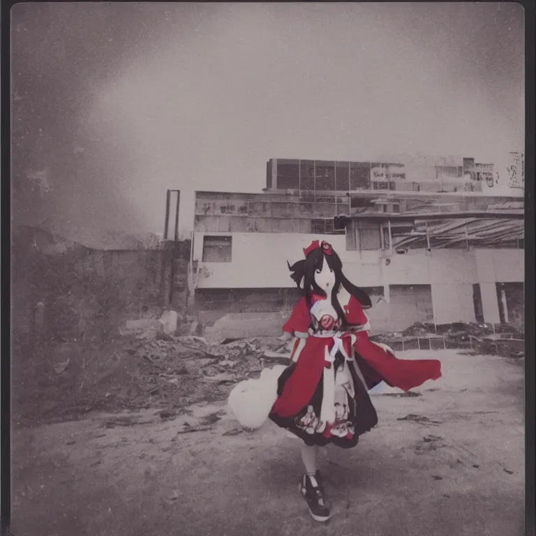 Image similar to atmospheric polaroid photo of reimu hakurei at an abandoned mall