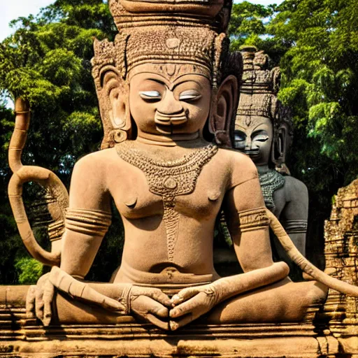 Image similar to angkor, asuras giant yaksha statues, front full body standing, holding snakes, photorealistic, photography hight quality, sharp, stones, award winning photography, canon, thierry rouzier