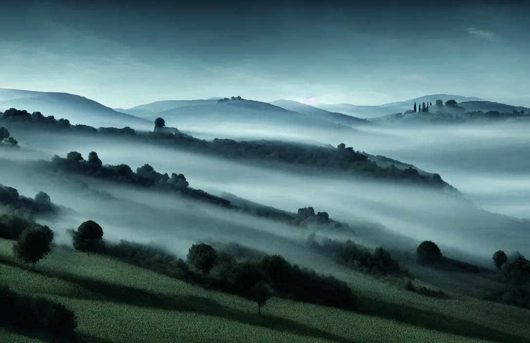 Image similar to umbrian hills dissolving into mist under a limpid blue sky result is a sophisticated interplay between warm, cool, light and dark colors. rockery intact flawless ambrotype from 4 k criterion collection remastered cinematography gory horror film, ominous lighting, evil theme wow photo realistic postprocessing by jan urschel directed by kurosawa