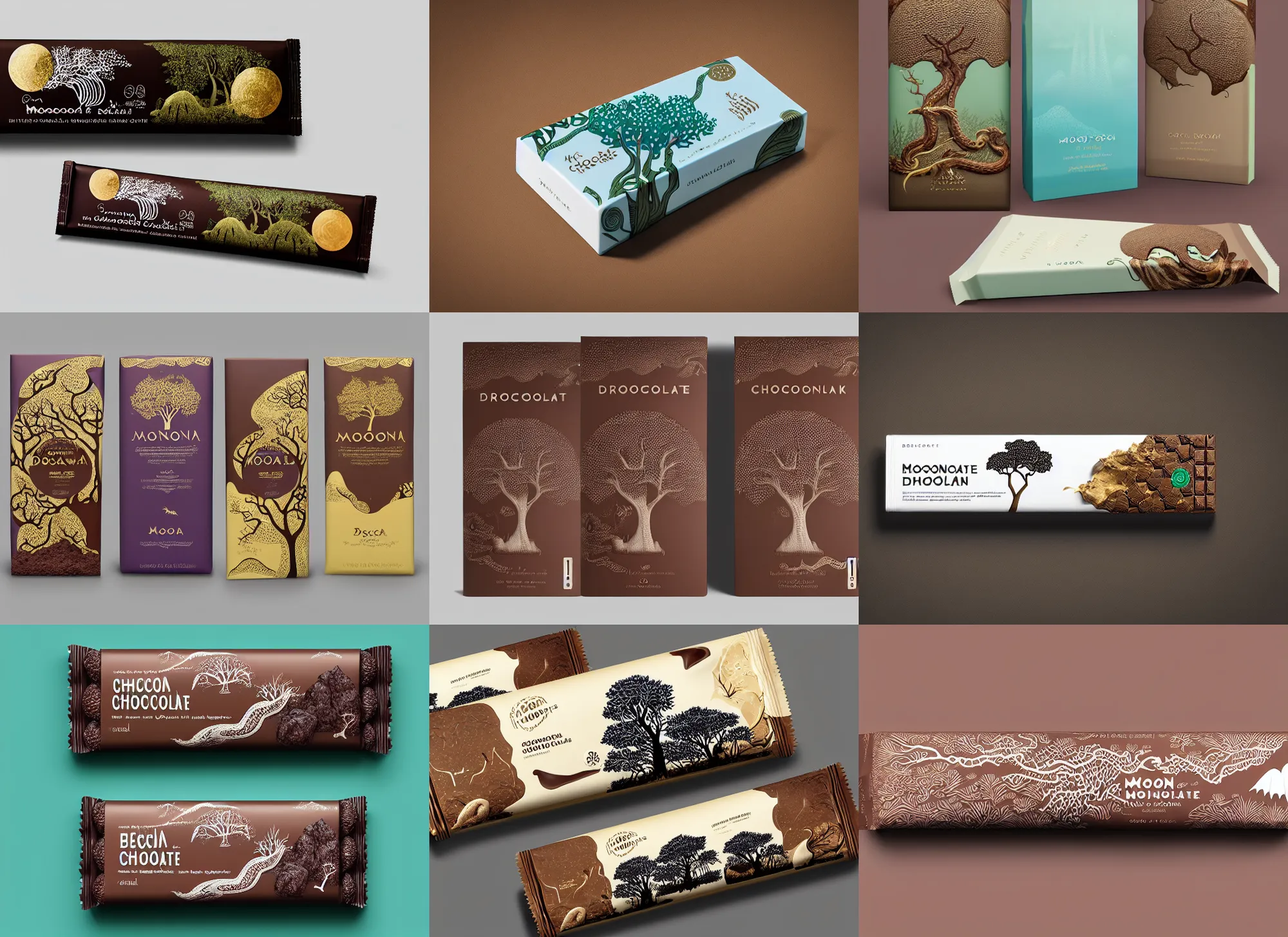 Prompt: conceptual chocolate bar packaging, inspired by moonlit socotra island with dragon trees, label design, behance, packaging of the world, award, front label, packaging design, craft, octane render