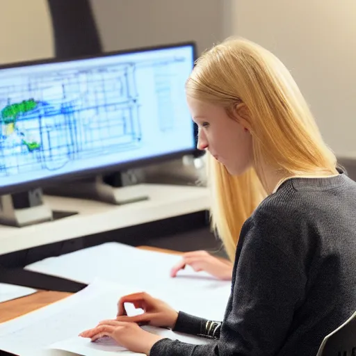 Prompt: a blonde baby girl working CAD computer drafting, civil engineer, sitting at a desk