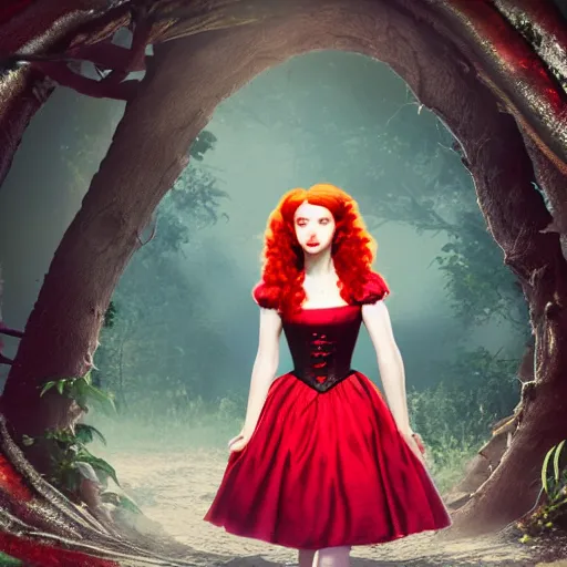 Image similar to red head queen, alice in wonderland theme, disney photo realistic, octane render, 8 k, unreal engine, hd, cinematic lighting