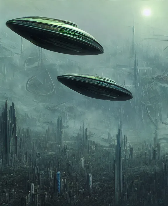 Image similar to a futuristic green spaceship flying above a large city by hr giger and beksinski and stephan martiniere, trending on artstation, 4 k resolution, detailed, high quality, hq artwork