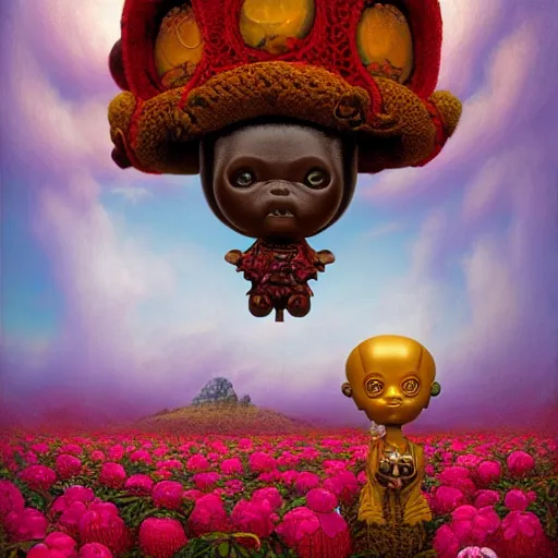 Prompt: wide angle dynamic portrait of a chibbi dogon priest in a rose garden with a red pond and a golden ornate steampunk portal, amigurumi by mark ryden and todd schorr and mark davis and zdislaw beksinski in a surreal lowbrow style, digital paint, matte paint, vivid synthwave colors, breathtaking landscape