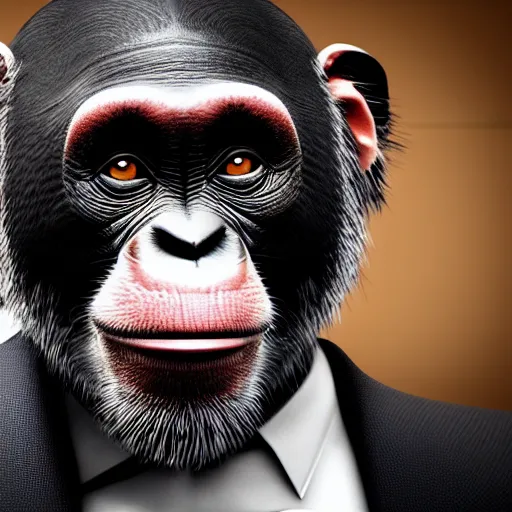 Image similar to a high detail shot of a chimp wearing a suit, smoking, unreal engine