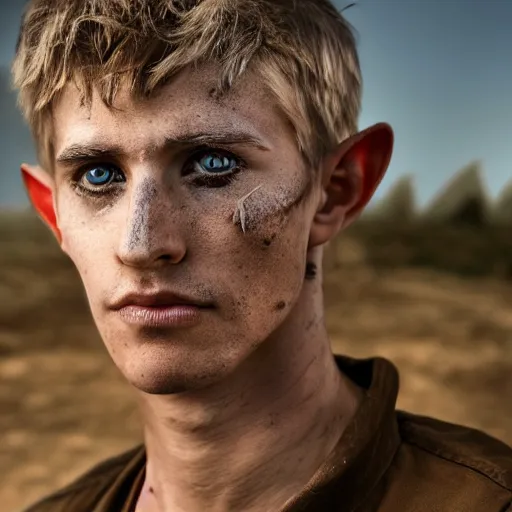 Image similar to close up headshot of a skinny high-fantasy elf with a long face narrow chin and spiky blonde hair wearing dark brown overalls and holding a bomb next to a destroyed car, gel spiked hair, high resolution film still, HDR color