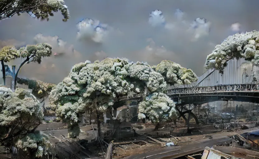 Prompt: explosions in the form of realistic white cotton plants on harbour bridge, huge white cotton plants everywhere on the destroyed harbour bridge, smooth, sharp focus, highly detailed, 3 d octane render, epic lighting, crazy atmosphere, lots of cotton plants, 8 k, by goro fujita