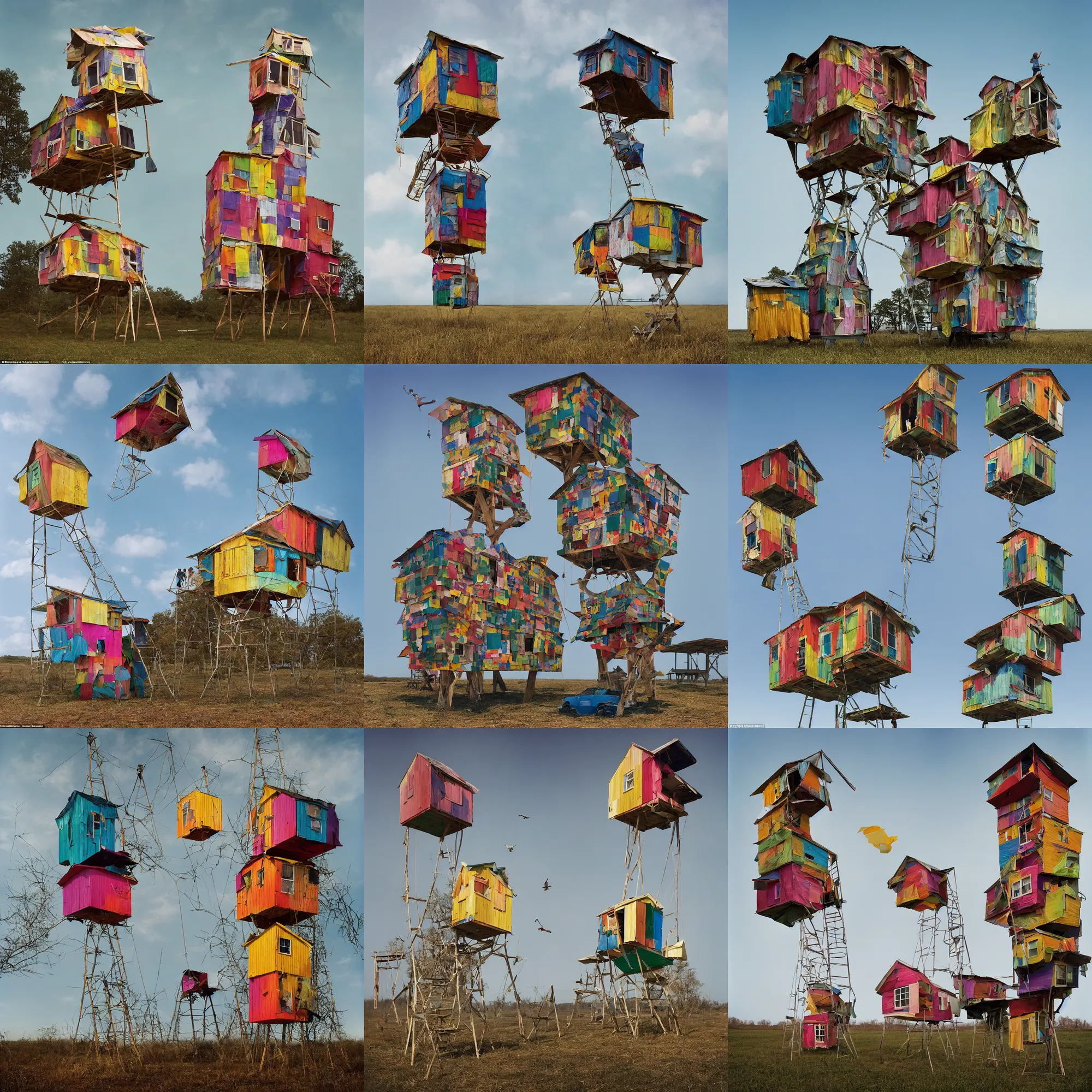 Prompt: a suspending tower made up of colourful makeshift squatter shacks, mamiya, 8 5 mm, f 1. 7, uniform plain sky, digital glitches, photographed by julie blackmon and tim walker