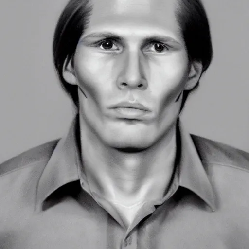 Prompt: A mugshot portrait of a man who looks like Jerma985 with medium length wavy hair, a combover and wearing late 1970s menswear in the late 1970s, taken in the late 1970s, grainy, realistic, hyperrealistic, very realistic, highly detailed, very detailed, extremely detailed, detailed, digital art, trending on artstation, front facing, front view, headshot and bodyshot, detailed face, very detailed face