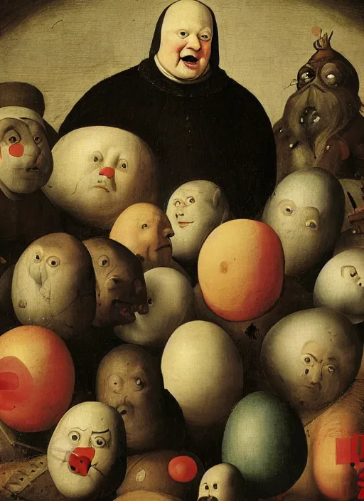 Image similar to a dozen eggs of silly round humpty dumpty with jack black facial expression, realistic, by hieronymus bosch and pieter brueghel