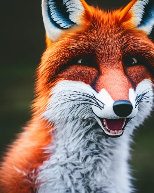 Image similar to portrait photo headshot still of a fursuit, 8 k, 8 5 mm f 1. 8, fursuit, fox