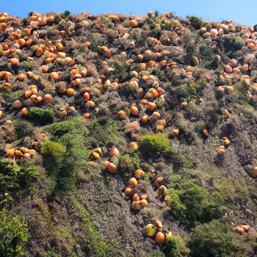 Prompt: a sloping hillside filled with cascading rotten peaches