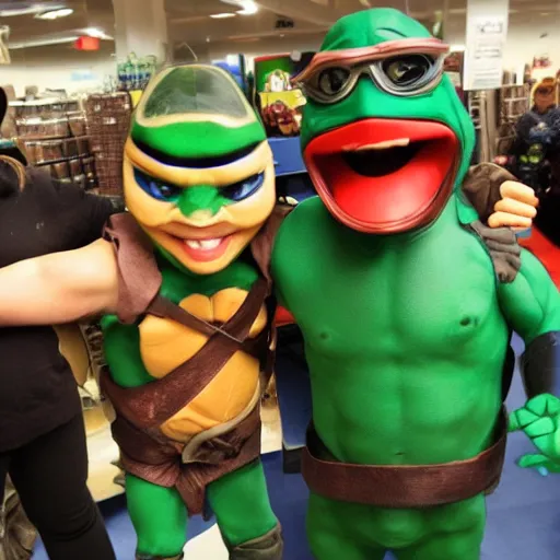 Prompt: Meeting an extraordinary NINJA TURTLE holding two jugs in the backroom of Sears