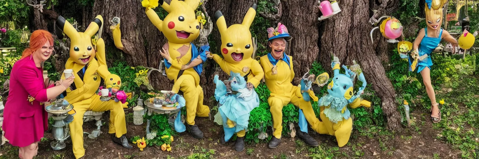 Prompt: groot and pikachu at the mad hatter tea party