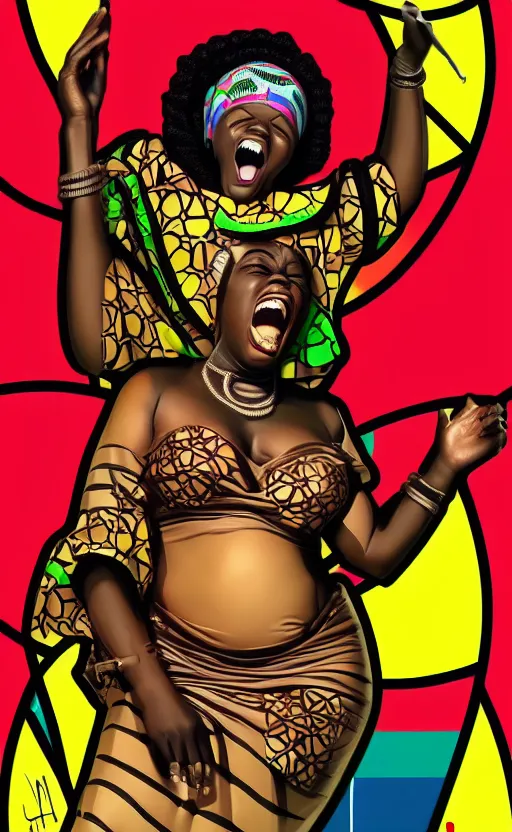 Image similar to mama africa laugh at her child!!! pop art, pixel, bioshock, gta chinatown, artgerm, richard hamilton, mimmo rottela, julian opie, aya takano, ultra realistic visual!!!