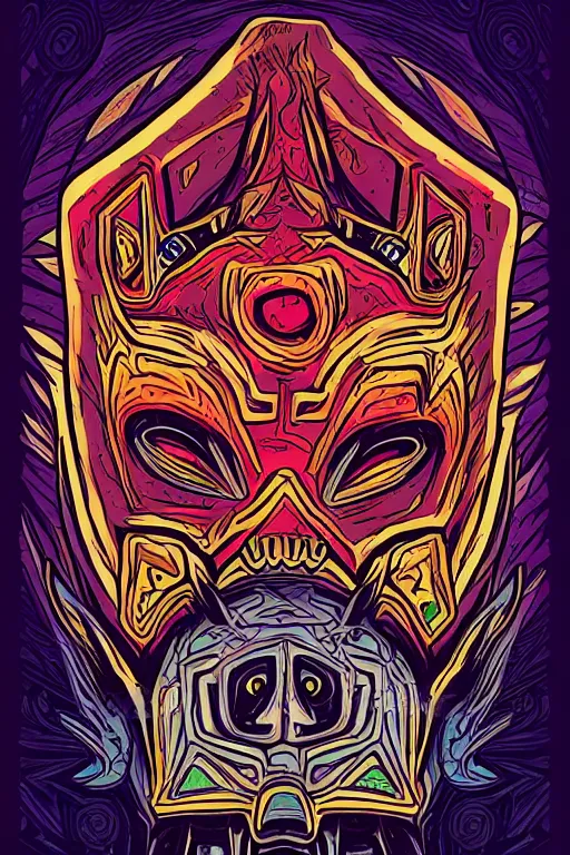 Image similar to totem animal mask tribal feather gemstone plant wood rock shaman vodoo video game vector illustration vivid color borderlands by josan gonzales and dan mumford radiating a glowing aura