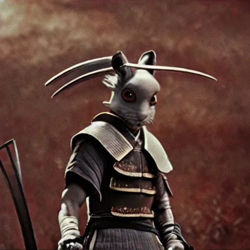 Image similar to photorealistic white rabbit samurai with angry face in seven samurai, film still, Usagi Yojimbo