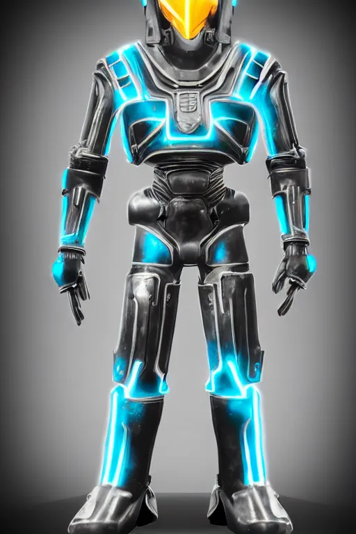 Image similar to tron themed fallout power armor, realistic product photo