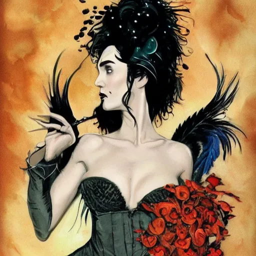 Prompt: sexy jennifer connelly as odile, gothic dark fae disney villain with black feathers instead of hair, girlboss, dominant, zero g, feathers growing out of skin, pulp sci fi, mike mignola, david mack, romantic, comic book cover, vivid, beautiful, illustration, highly detailed, oil painting