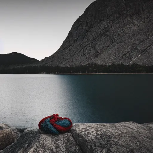 Prompt: cinematic wide shot of a lake with rope floating in the middle, a rocky foreground, sunset, a bundle of rope is in the center of the lake, eerie vibe, leica, 2 4 mm lens, 3 5 mm kodak film, f / 2 2, anamorphic