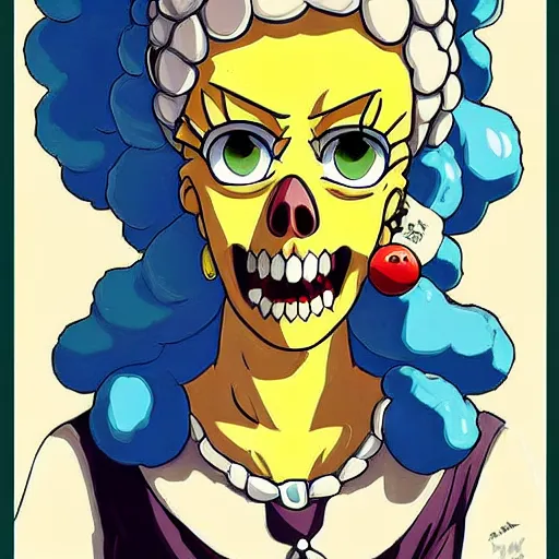 Prompt: anime manga skull portrait girl face marge simpson the Simpsons detailed highres 4k Mucha and James Jean pop art nouveau