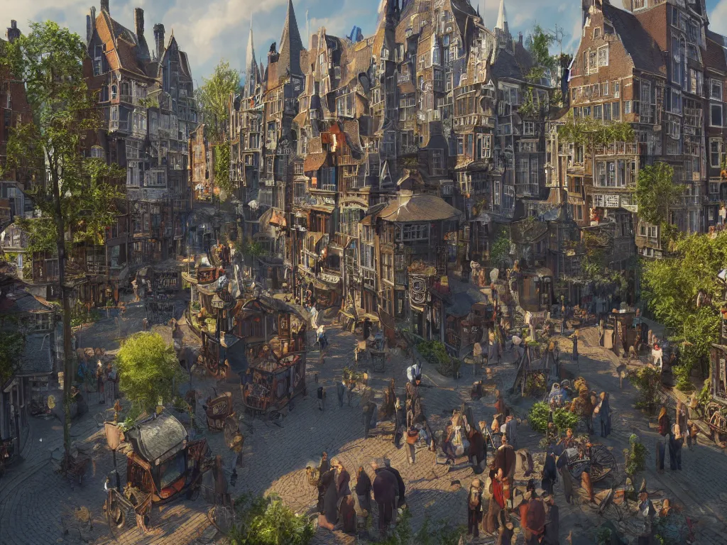 Image similar to a magical town on a slow day, inspired by victorian england and amsterdam, sunny weather, highly detailed, intricate, digital painting, trending on artstation, concept art, matte painting, art by greg rutkwowski, craig mullins, octane render, 8 k, unreal engine