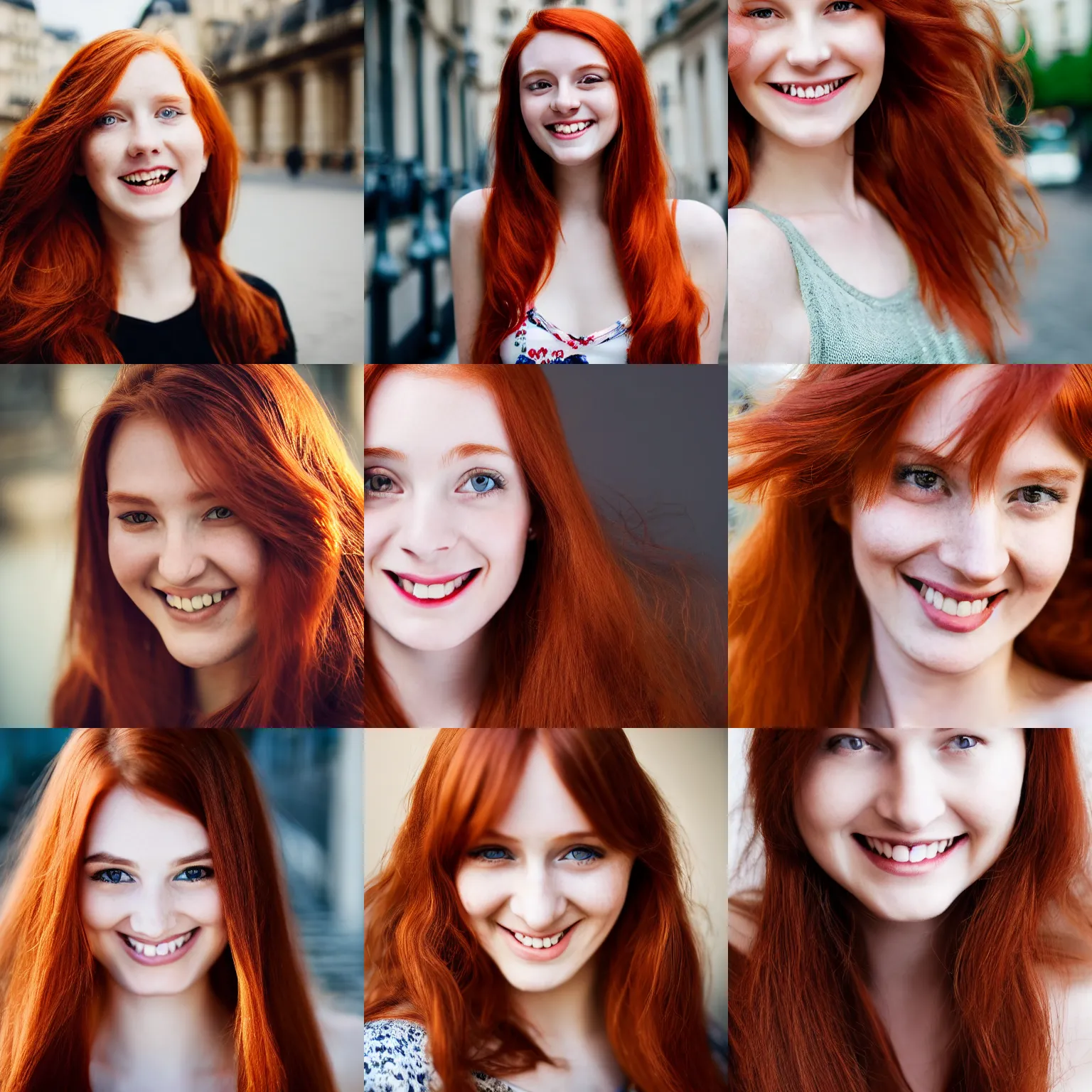 Prompt: 23 year old woman in Paris, long hair, redhead, smiling, cute face, photography, close-up, detailed, 105mm, f2.8