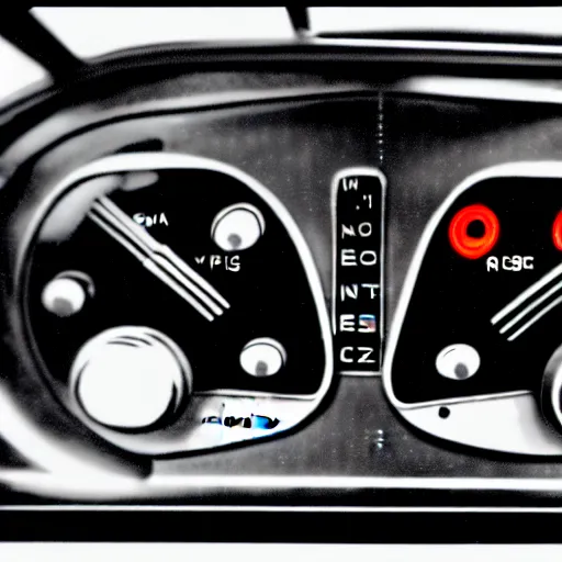 Image similar to photorealistic control panel from the 1 9 5 0's in a car featuring ejection seats, weapons control, and hyperdrive, realistic, 8 k resolution, front view