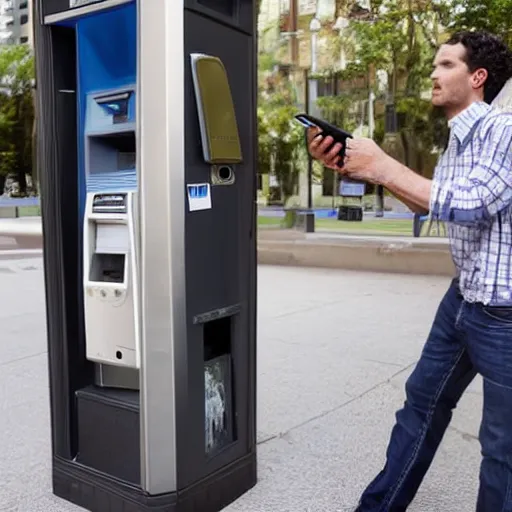 Prompt: man talking on a pay phone when a boot or foot comes through the receiver of the phone handset and kicks him in the ear