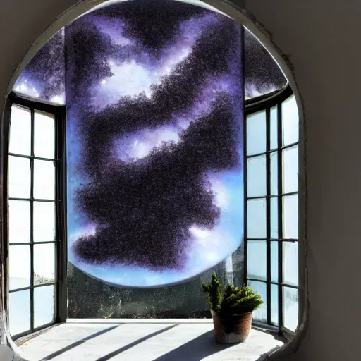 Image similar to dark matter faceted reality breaks into fragments, the mother - of - pearl sky and the black window