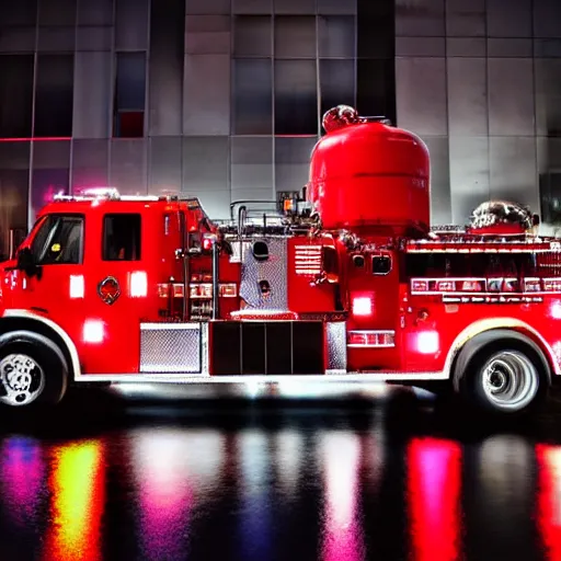 Image similar to A firetruck at night, back view, off angle, dark shading, flashing lights, wet reflective concrete, city, photograph, award winning, deviantart