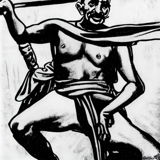 Image similar to Gandhi in an action pose in the style of jack kirby, comic book art, Jack kirby art,