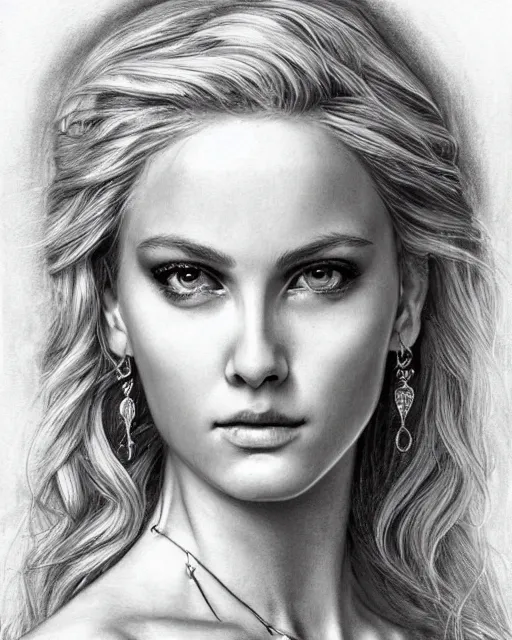 Image similar to pencil drawing of a beautiful greek goddess aphrodite with arrowhead earrings, beautiful piercing eyes, beautiful blonde hair, hyper realistic face, in the style of greg rutkowski, fantasy, amazing detail, epic, elegant, smooth, sharp focus, from the front