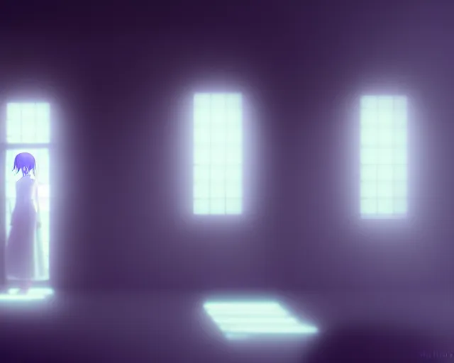 Image similar to creepy woman wearing white dress standing in the backrooms, psychological horror, the eerie forlorn atmosphere of a place that's usually bustling with people but is now abandoned and quiet, buzzing fluorescent lights above the ceiling, unsettling images, liminal space, dark, art by makoto shinkai