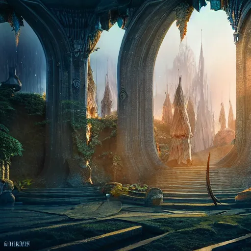 Image similar to inside a magical ethereal elven city, highly detailed, 4k, HDR, award-winning, octane render, artstation