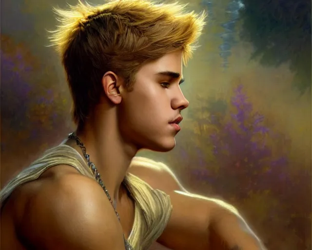 Image similar to attractive justin bieber as a god. highly detailed painting by gaston bussiere, craig mullins, j. c. leyendecker 8 k