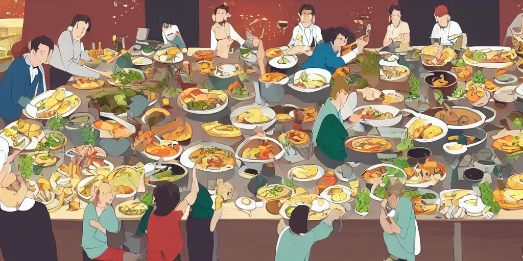 Image similar to drawing of work colleagues of a design studio get together to feast on a big table with lots of food in the style of studio ghibli